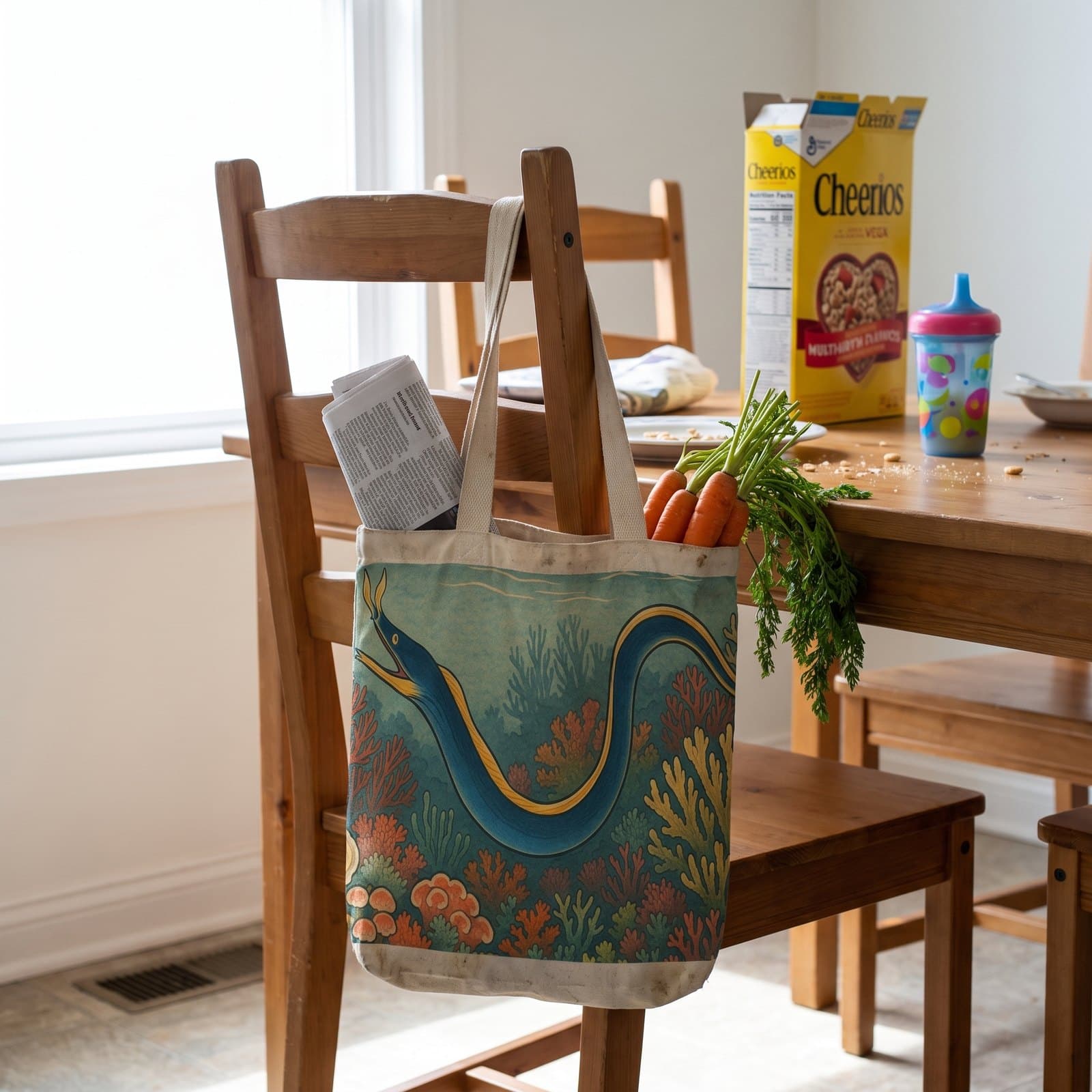 A canvas tote printed with marine artwork hanging on a kitchen chair