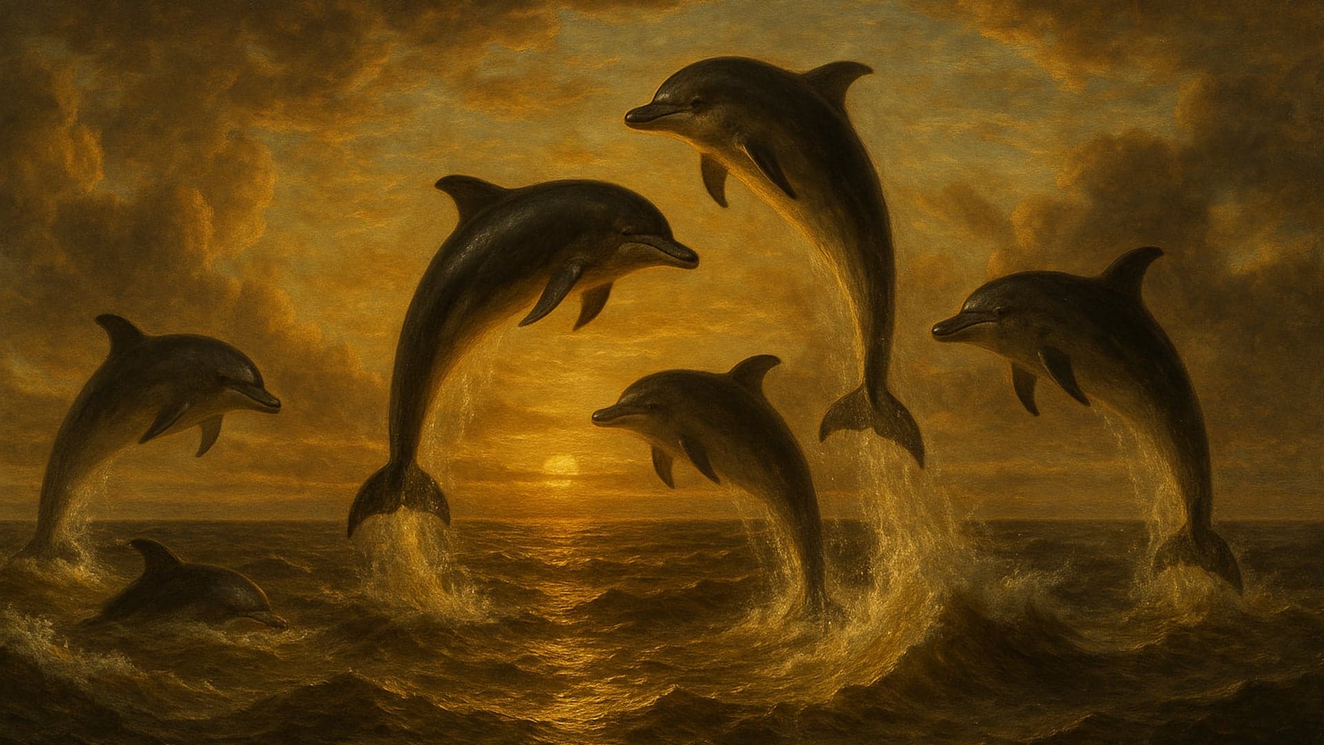 Dolphins Breaching, Golden Sunset Oil