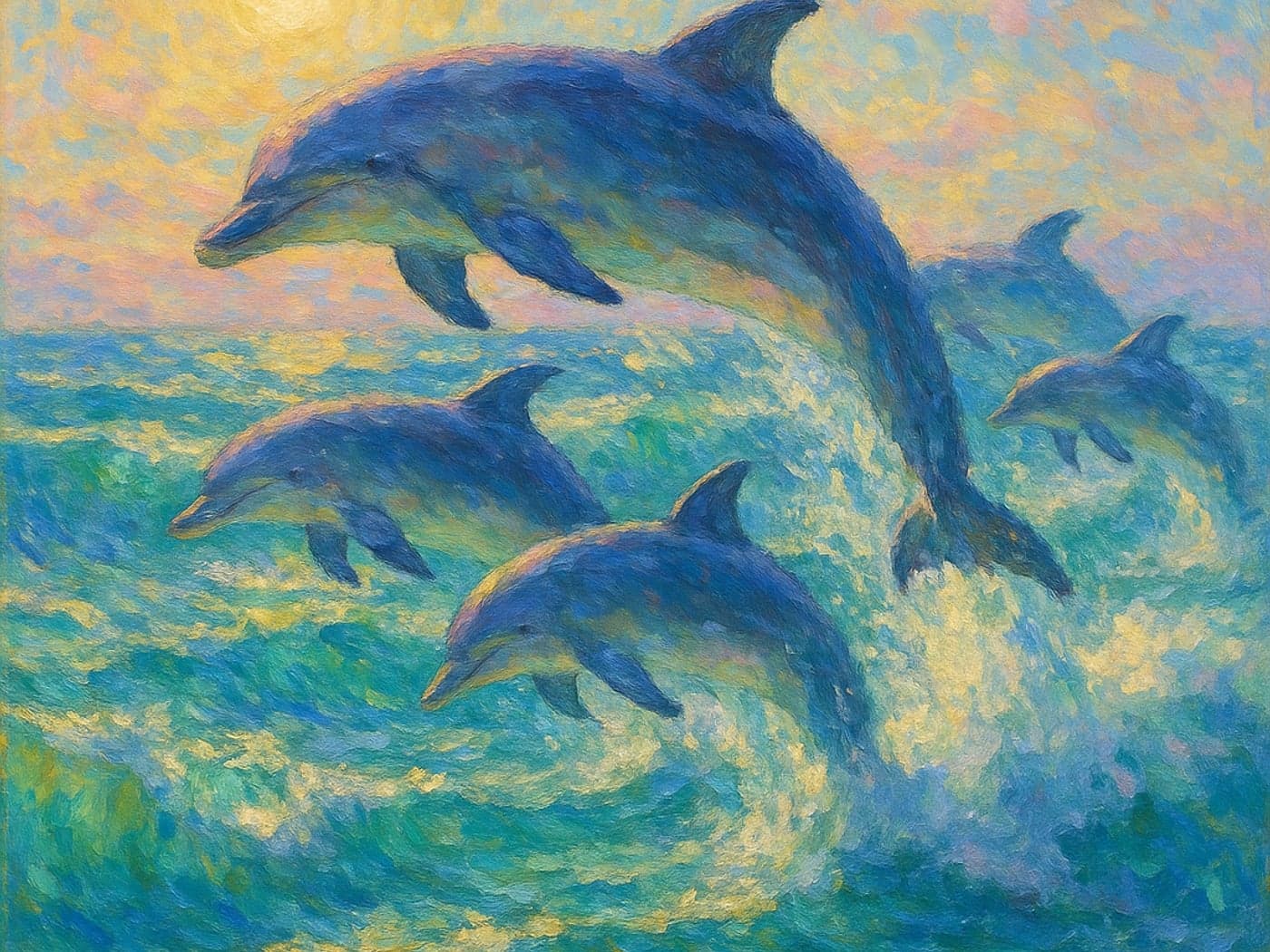 A pod of dolphins leaping through turquoise waves, Impressionist oil